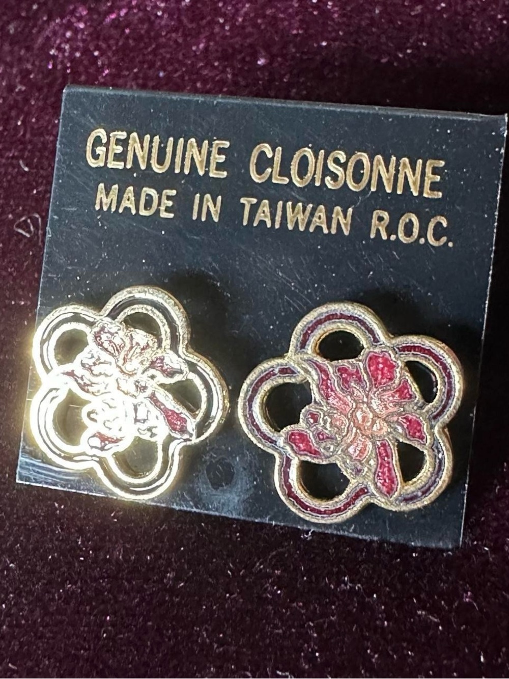 Genuine Cloissone (real stained glass work) burgundy, gold floral earrings